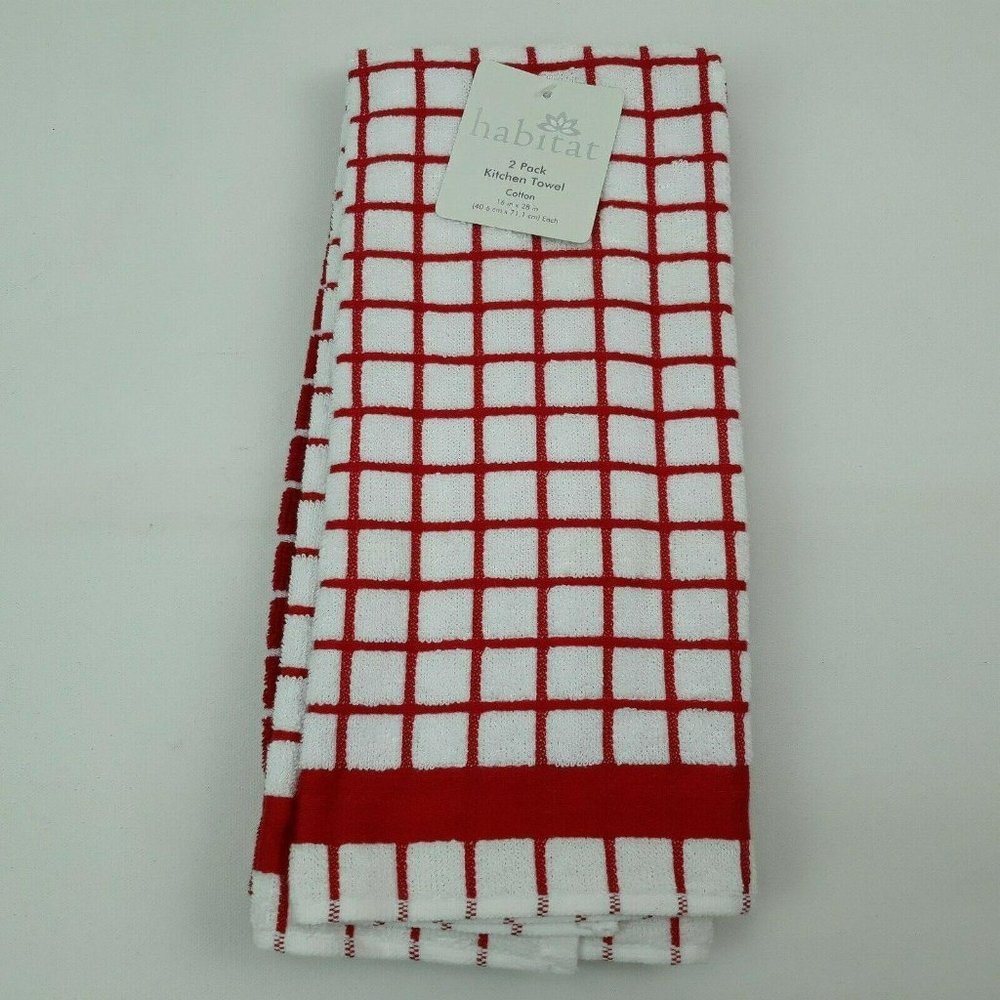 Habitat Red White Kitchen Hand Towel 2 Pack Set Windowpane Cotton 16" x 28"